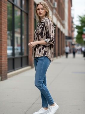 David Cline Geometric Stripe Snap Closure Blouse in Beige and Brown 3084